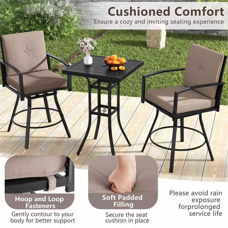 3-Piece All-Weather Metal Patio Bar Set, Outdoor 360° Swivel Bar Stools & Table with Removable Cushions & Umbrella Hole for Poolside, Deck, Backyard