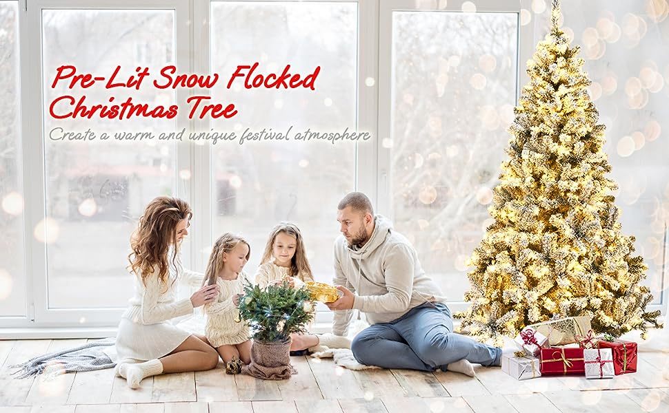 7.5ft Pre-Lit Artificial Christmas Tree Snow Flocked Tree with LED Lights & Metal Stand
