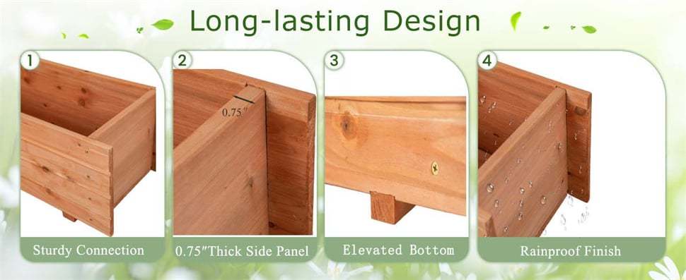 Wooden Raised Garden Bed, Rectangle Planter Box with Removable Bottom & Drainage Holes, Wood Planter Bed for Vegetables, Flowers, Herbs