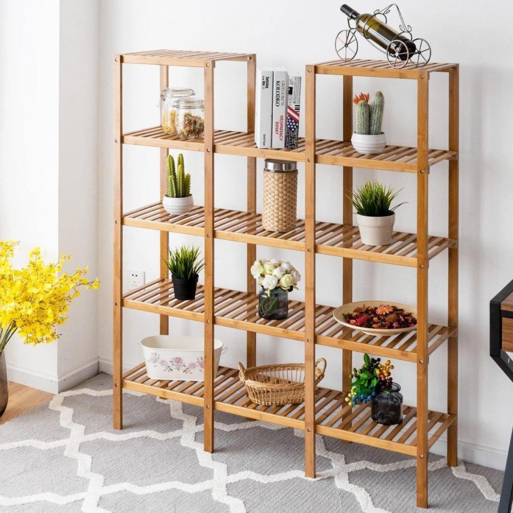 Multifunctional Plant Stand 5 Tier Bamboo Plant Display Shelf Storage Rack Unit Closet for Indoor Outdoor (12 Pots)