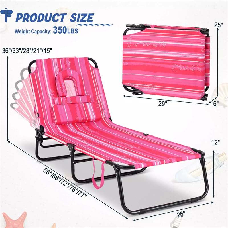 Folding Beach Chaise Lounge Chair, 5-Position Adjustable Sunbathing Recliner with Face Hole, Removable Pillows, Carry Strap, 350LB Support