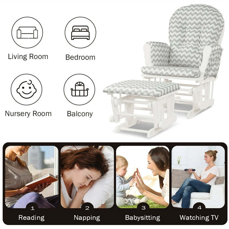 Wood Nursery Glider Chair & Ottoman Set, Upholstered Glider Rocker with Padded Cushion, Storage Pocket, Modern Rocking Chair for Nursery
