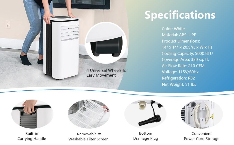9000 BTU 3-in-1 Portable Air Conditioner with Dehumidifier and Fan
