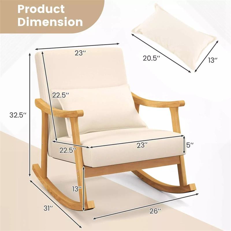 he3 Upholstered Rocking Chair with Rubber Wood Frame, Lumbar Pillow, Padded Seat & Backrest, Modern Rocker for Living Room, Bedroom, Nursery, Office