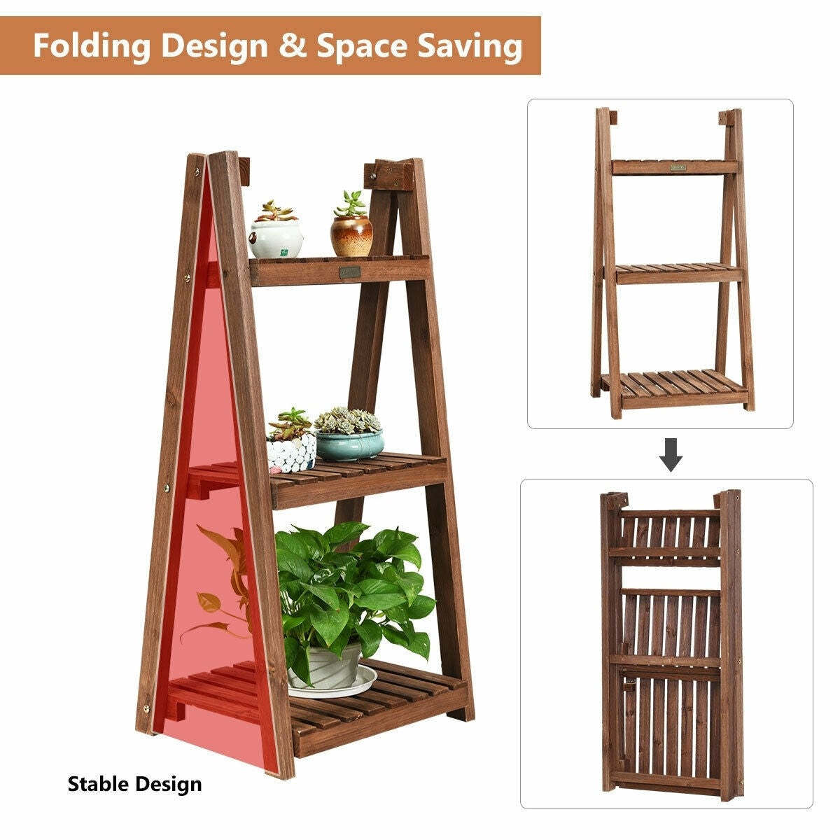3-Tier Folding Wood Flower Stand Plant Rack Storage Display Shelf