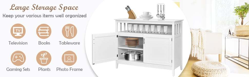Wood Buffet Cabinet with Storage, Freestanding Kitchen Cabinet Storage Sideboard Console Table with Adjustable Shelf