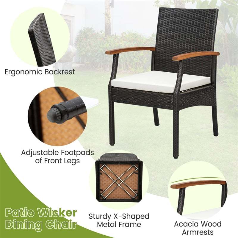 Patio PE Rattan Dining Chairs with Acacia Wood Armrests, Soft Zippered Cushions, Heavy-Duty Metal Frame Wicker Outdoor Armchairs for Balcony
