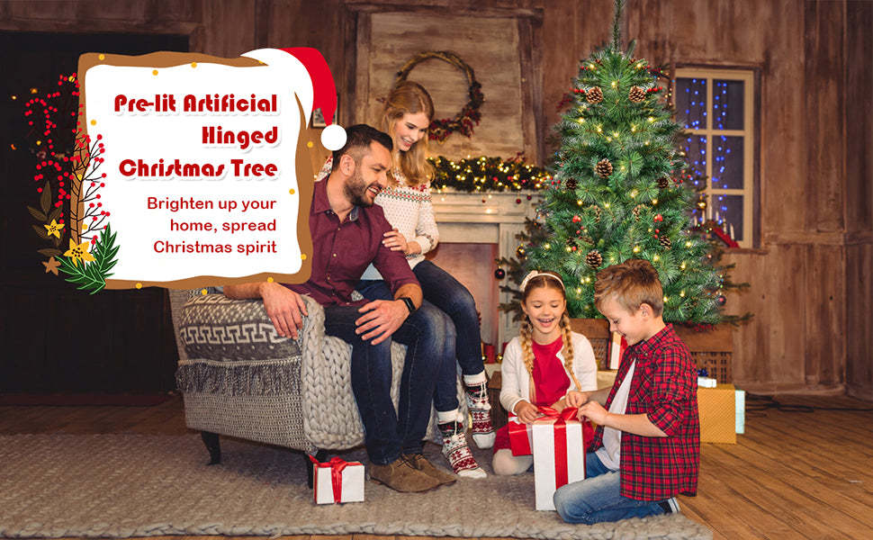 6FT Pre-lit Artificial Hinged Christmas Tree with 250 LED Lights Metal Stand