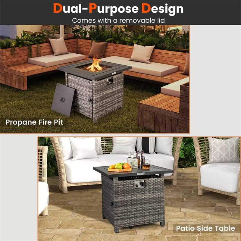 29" Wicker Rattan Propane Fire Pit Table 50,000 BTU Outdoor Square Fire Pit with Lava Rocks, Protective Cover, Heavy-Duty Metal Frame & Tabletop