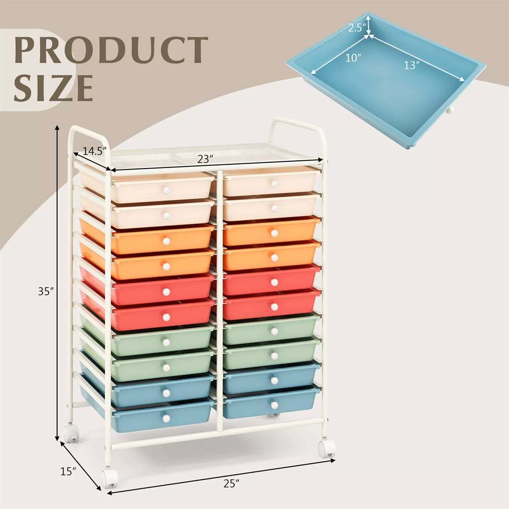 Storage Drawer Cart, 20-Drawer Rolling Cart Organizer with Lockable Wheels, Mobile Utility Cart for Office School Art Craft Supplies