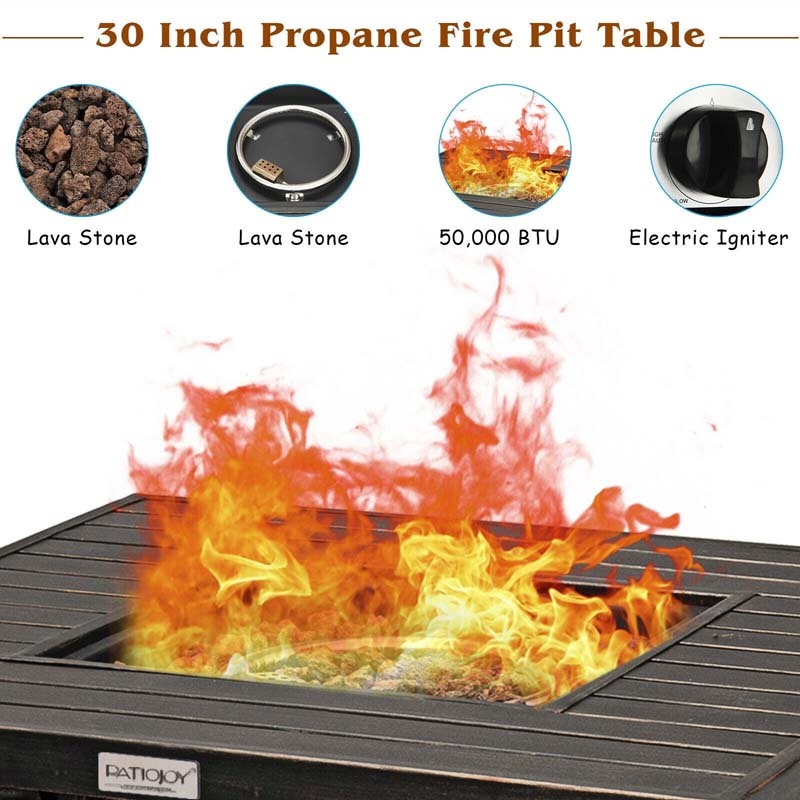 30" Square Steel Gas Fire Pit Table, 50,000 BTU Outdoor Propane Fire Pit with Lid, Lava Rocks & Waterproof Cover, CSA & ETL Certified