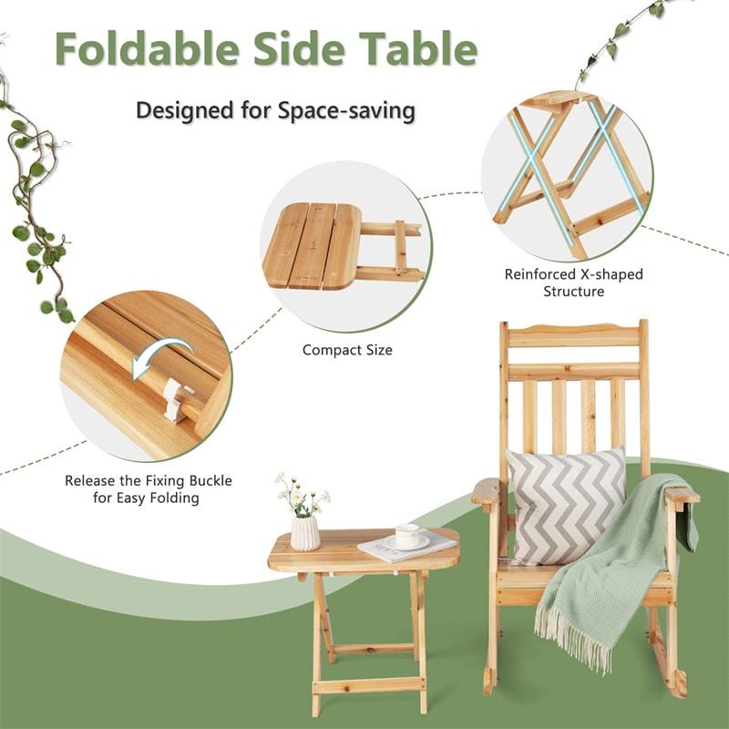2PCS Outdoor Wooden Rocking Chair Patio Bistro Set with Folding Side Table