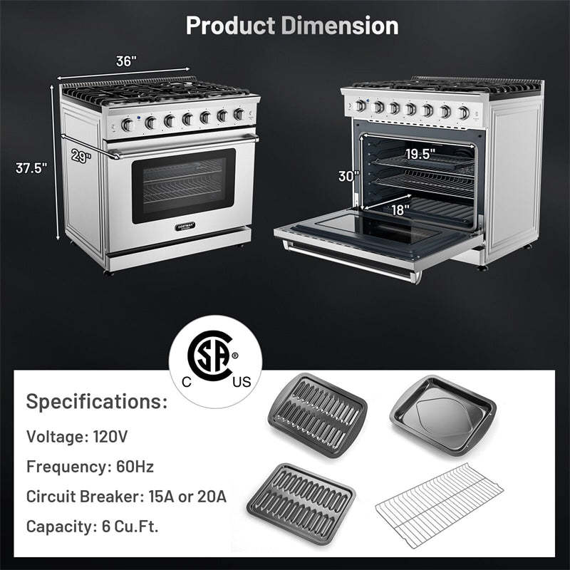36" Freestanding Natural Gas Range Stainless Steel Dual Fuel Gas Range with 6 Burners Cooktop & 6 Cu.Ft. Convection Oven