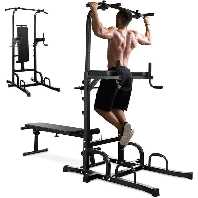 Adjustable Power Tower with Foldable Weight Bench, Multi-Function Pull-Up Bar Dip Station, Heavy Duty Full Body Workout Machine for Home Gym