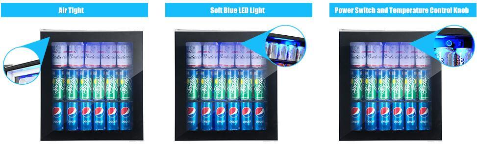 60 Cans Beverage Refrigerator Beer Cooler Mini Wine Soda Drink Fridge with Removable Shelves & Glass Door for Home Commercial Use