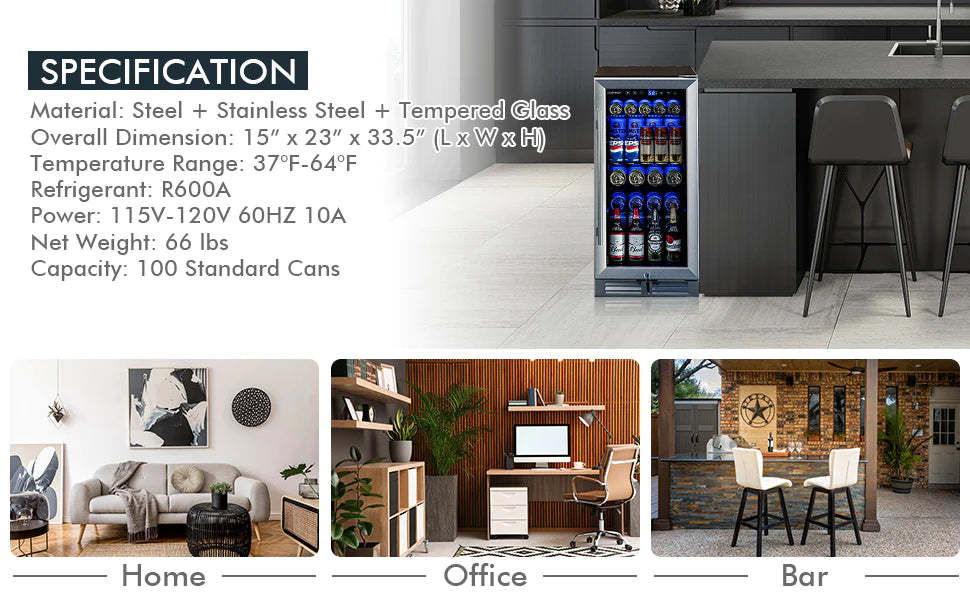 15" Beverage Refrigerator 100-Can Wine Beer Cooler Built-In/Freestanding Mini Drink Fridge with Glass Door & Removable Shelves