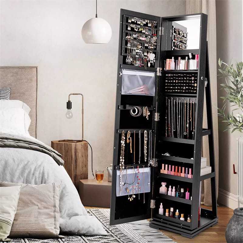360° Swivel Jewelry Cabinet Armoire with Full Length Mirror & Rear Storage Shelves, Standing Lockable Jewelry Organizer Inside Makeup Mirror