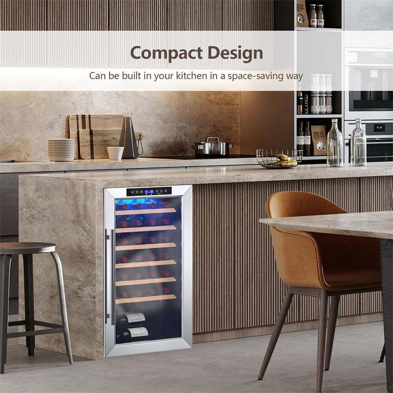 20" Wine Cooler, 33-Bottle Wine Refrigerator w/2-Layer Tempered Glass Door, Dual Alarm Function & Temp Control, Built-in/Freestanding Mini Wine Fridge