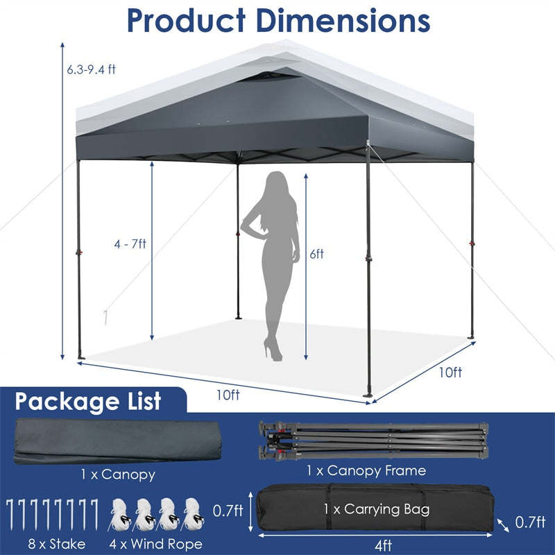 10' x 10' Pop Up Canopy Tent Easy Set-up Instant Canopy Outdoor Folding Tent Adjustable Height Sun Shelter with Center Lock & Carry Bag