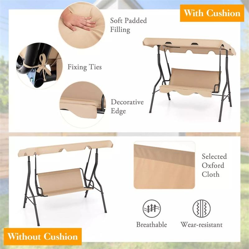 3-Seat Patio Swing with Adjustable Canopy & Removable Cushion, Powder-Coated Steel Frame Outdoor Porch Swing for Backyard, Garden, Balcony