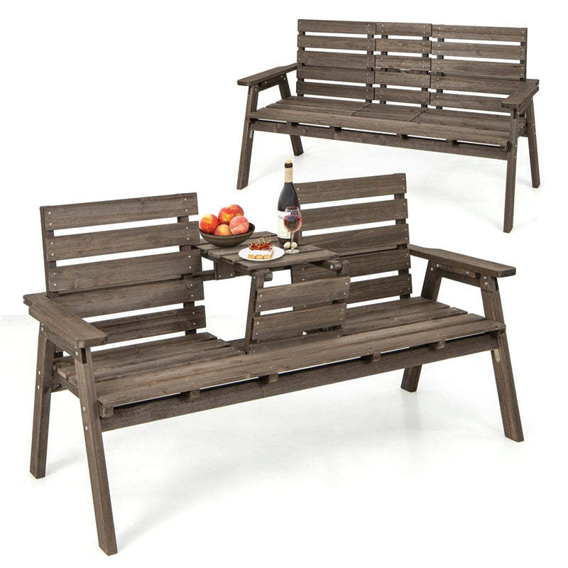Outdoor Fir Wood Bench with Foldable Middle Table, 710lbs Capacity, 2-3 Person Garden Bench with Backrest & Armrests, Slatted Seat Bench for Porch