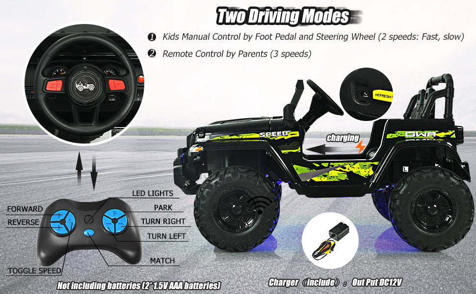 12V Kids Ride-on Jeep Car Electric Truck with Parental Remote Control