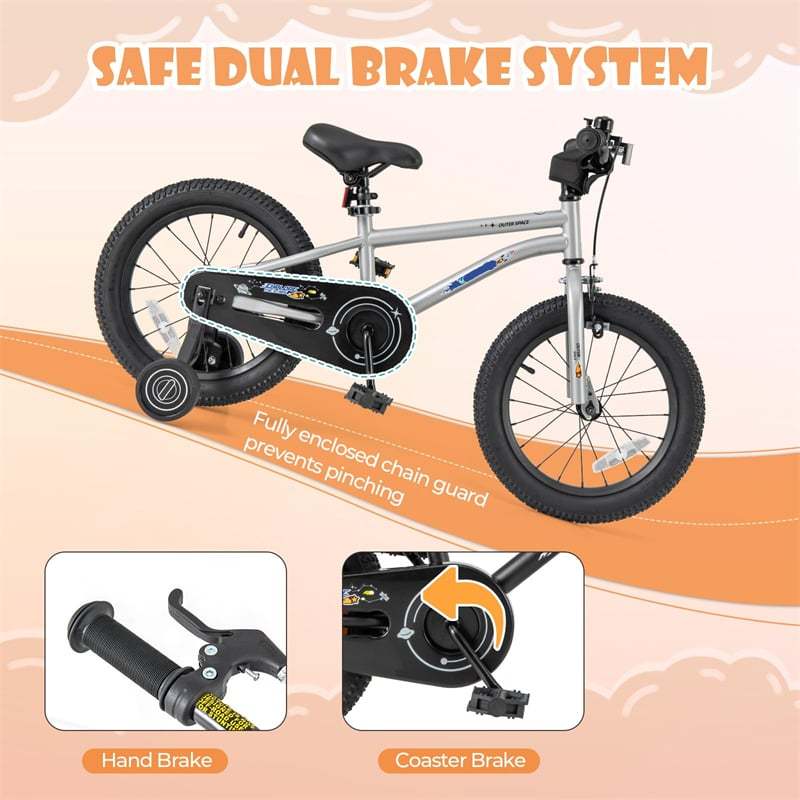 16-Inch Kids Bike, Sports Bicycle for 4-7 Years Old with Height Adjustable Seat, Fully Enclosed Chain Guard & Removable Training Wheels