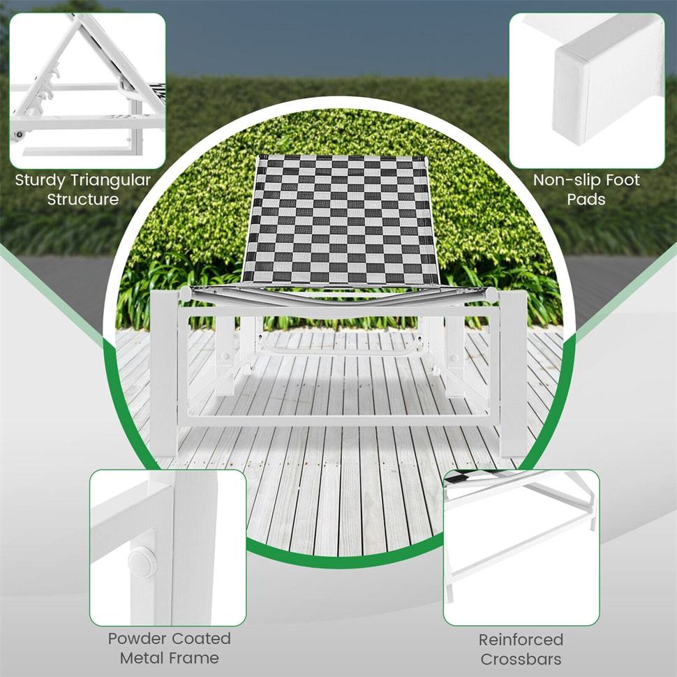 Adjustable Reclining Outdoor Chaise Lounge Metal Frame Garden Poolside Chair with Breathable Fabric & Wheels