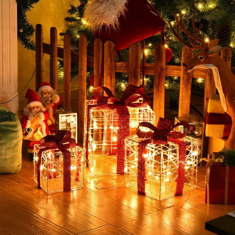 3PCS Christmas Lighted Gift Boxes, LED Xmas Decorative Boxes with 60 Lights & Waterproof Plug, Indoor/Outdoor Holiday Presents Set