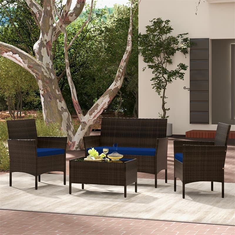 4PCS Patio Rattan Conversation Set Outdoor Garden Wicker Furniture Set with Loveseat Chair, Tempered Glass Coffee Table & Cushions