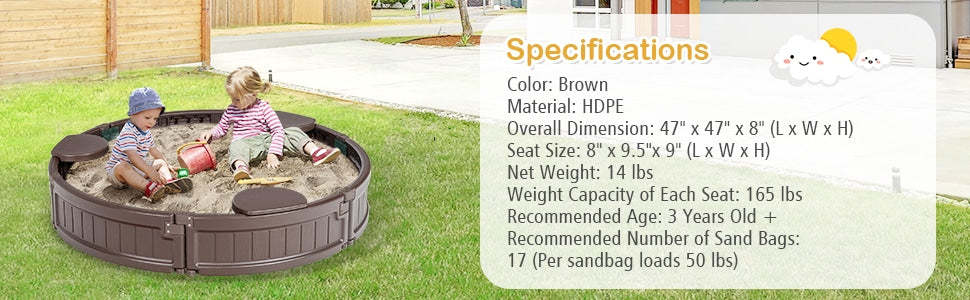 Kids Outdoor Playset Sandbox with Cover Detachable Corner Seats Bottom Liner - Round
