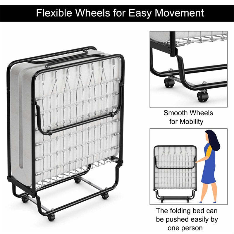 Rollaway Folding Bed Portable Guest Bed with 4 Inch Memory Foam Mattress - Metal Springs