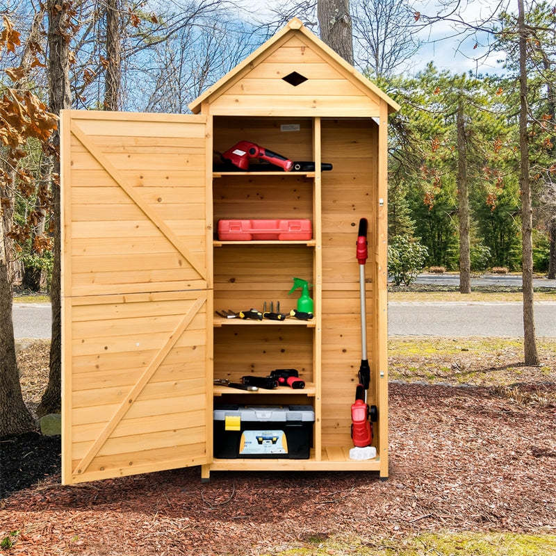 63" Wood Outdoor Storage Shed, Lockable Garden Tool Storage Cabinet with 5 Shelves & Galvanized Sheet Roof, Tool Shed for Patio Yard Lawn