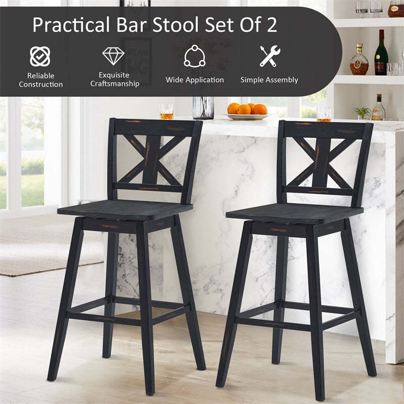 29" Wooden Bar Stools Set of 2, Swivel Counter Height Dining Chairs with Back & Non-Slip Foot Pads for Kitchen Island, Pub, Dining Room