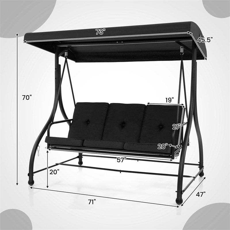 2-in-1 Convertible Patio Swing with Adjustable Canopy & Removable Cushions, Steel Frame 3-Person Outdoor Swing Bed for Deck/Backyard/Garden