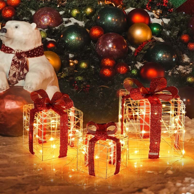 3PCS Christmas Lighted Gift Boxes, LED Xmas Decorative Boxes with 60 Lights & Waterproof Plug, Indoor/Outdoor Holiday Presents Set