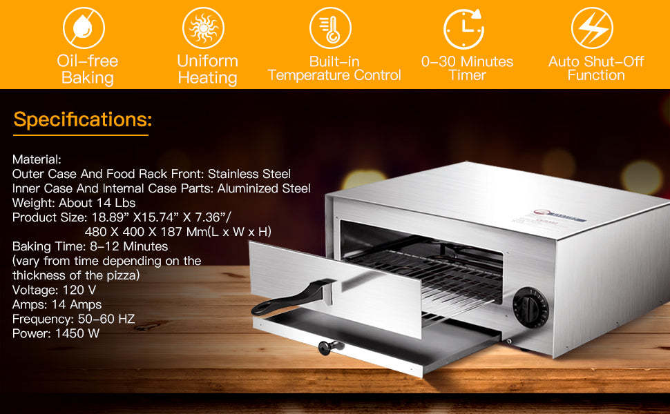 Stainless Steel Pizza Bake Oven Kitchen Commercial Countertop Pizza Maker with Handle & Removable Pizza Tray