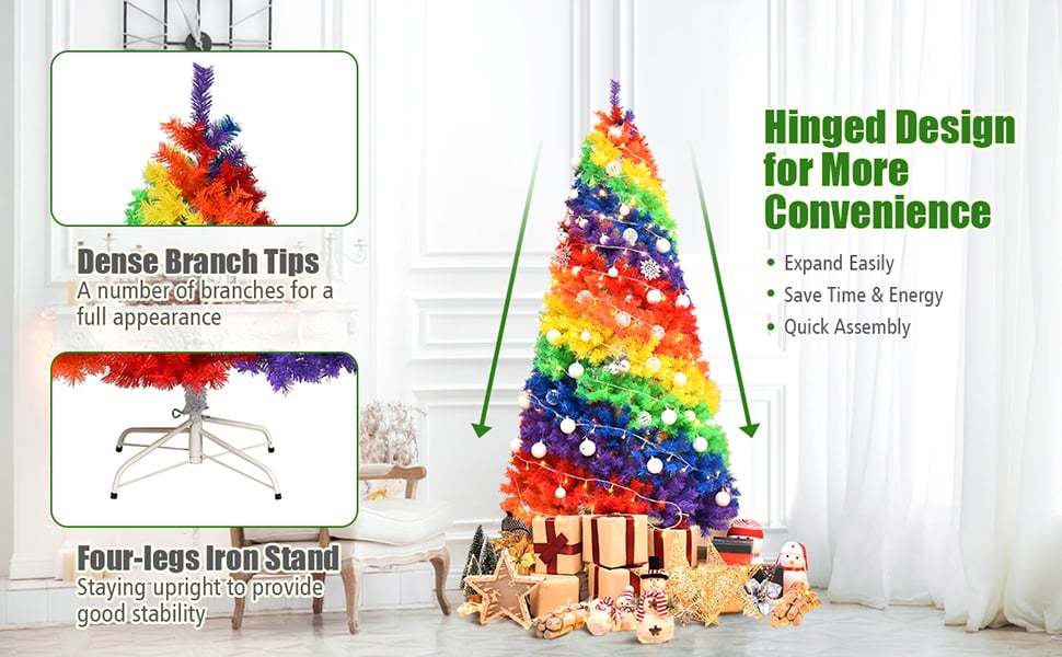 7FT Colorful Rainbow Full Fir Hinged Christmas Tree with Metal Stand