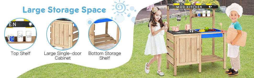 Outdoor Kids Mud Kitchen Playset Wood Pretend Play Toy with Kitchenware