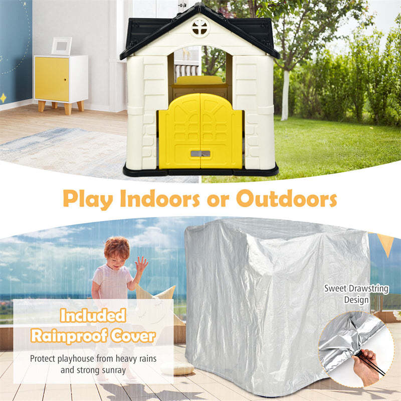 Kids Playhouse, Cottage Pretend Play House with 7PCS Toy Set, Picnic Table & Waterproof Cover for Indoor Outdoor, Boys & Girls Gifts