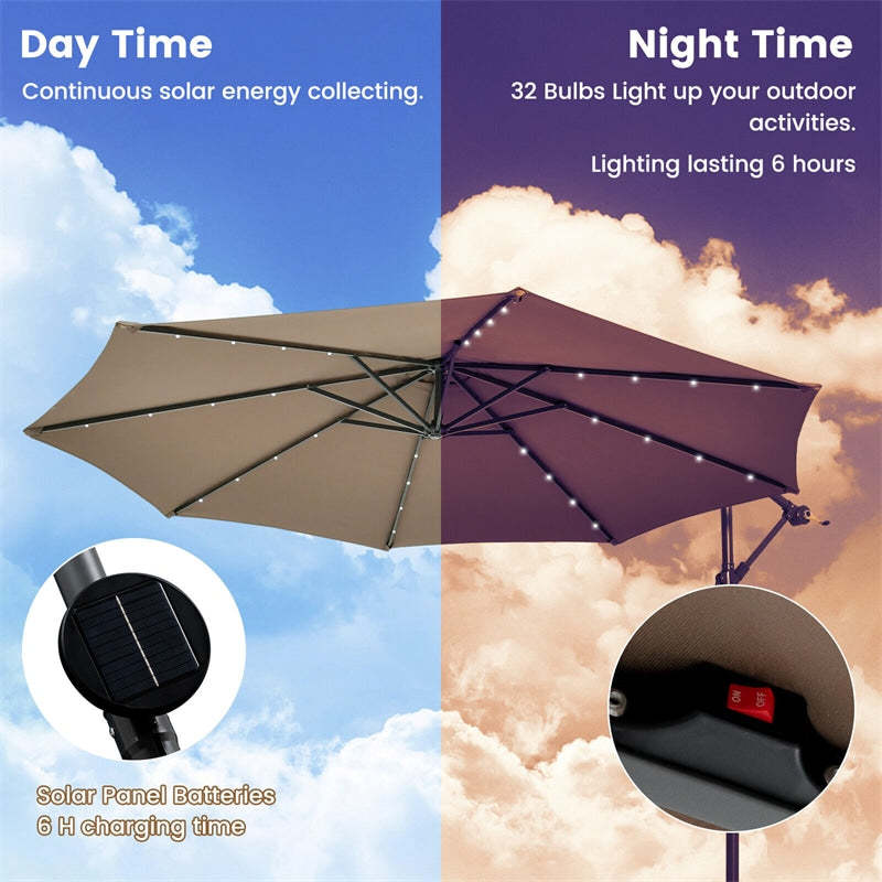 10FT Solar Offset Patio Umbrella, Hanging Cantilever Umbrella with 32 LED Lights, Adjustable Tilt, Sand Bag Base for Garden, Poolside, Yard