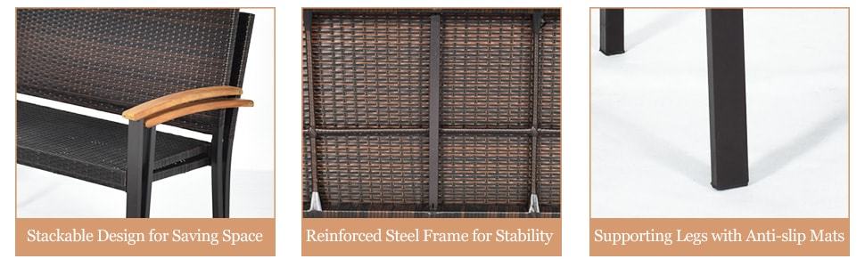 Wicker Patio Bench Rattan Outdoor Loveseat Chair with Armrest for Garden