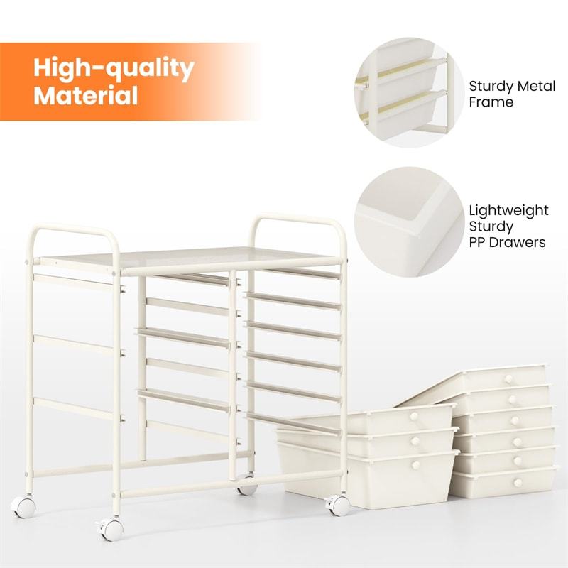 9-Drawer Rolling Storage Cart, Mobile Art & Craft Supply Organizer on Wheels, Metal Frame, Drawer Utility Cart for Classroom Office Home Salon