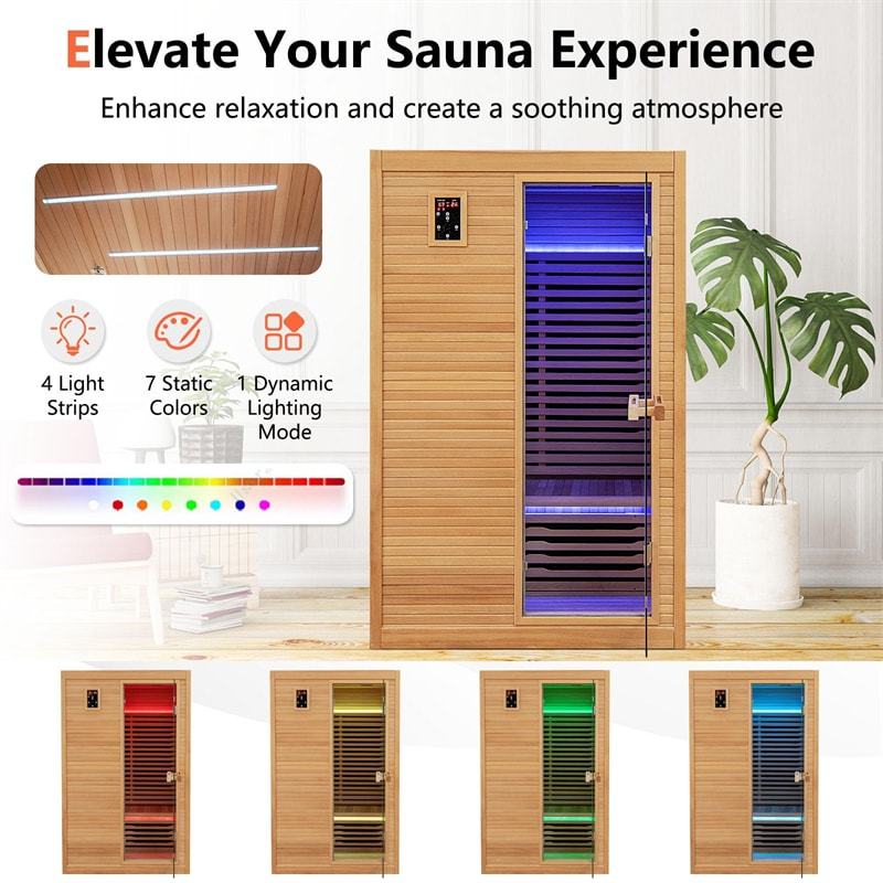 2 People Far Infrared Wooden Sauna Room Canadian Hemlock Indoor Sauna for Home with 660nm/880nm Red Light Therapy Panel & Bluetooth Speakers