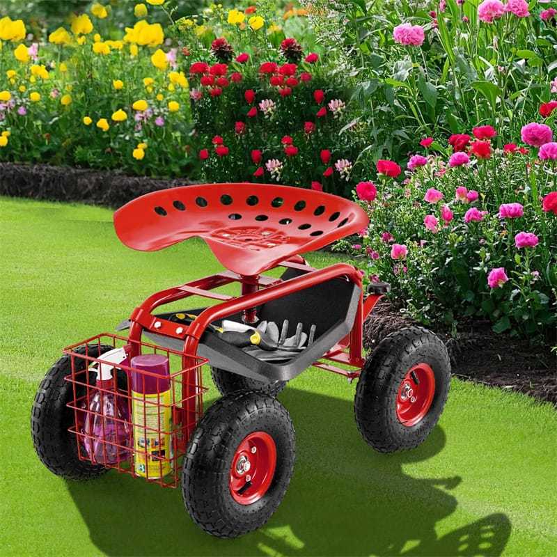 Rolling Garden Cart with 360° Swivel Seat, Tool Tray & Basket, Height Adjustable Gardening Workseat on Wheels, Patio Wagon Scooter for Planting