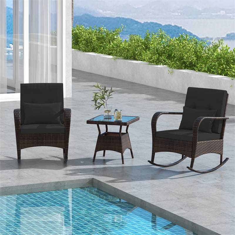 3-Piece PE Rattan Rocking Bistro Set with Removable Cushions & Tempered Glass Table, Outdoor Patio Furniture Set for Porch, Poolside, Backyard