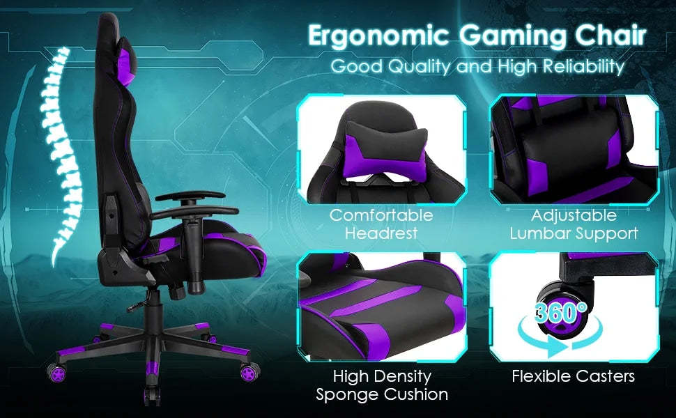 RGB Gaming Chair PVC Leather High Back Adjustable Computer Chair with LED Lights Headrest Lumbar Support