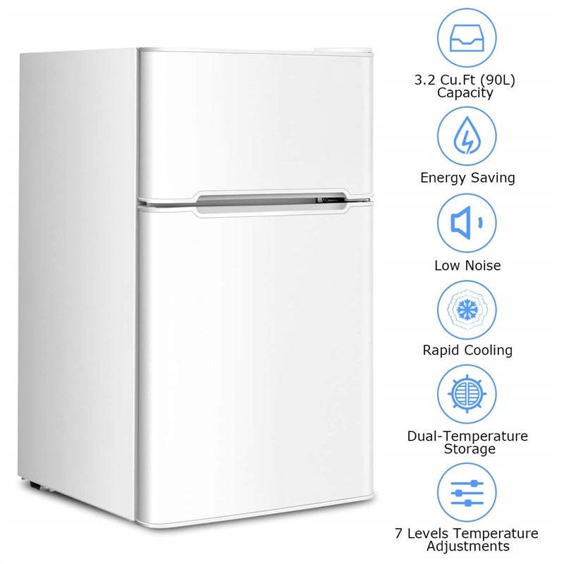 3.2 Cu. Ft. 2-Door Mini Fridge with Freezer, Compact Refrigerator with Temperature Control, Removable Shelves & Reversible Door for Dorm Office