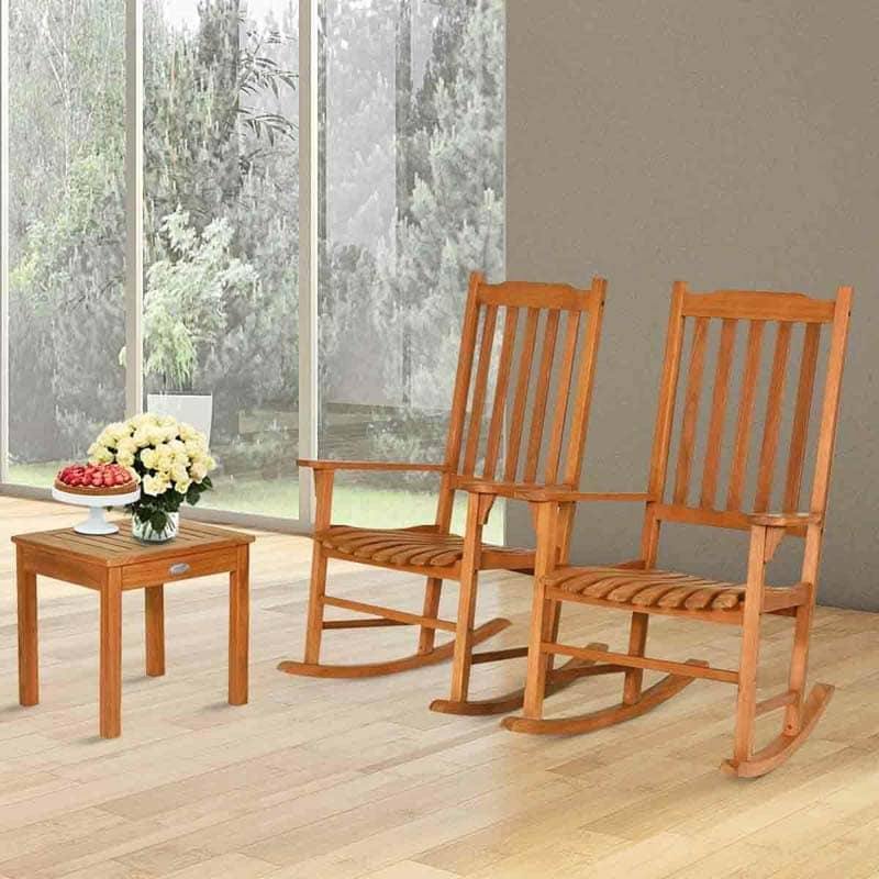 3-Piece Eucalyptus Wood Rocking Bistro Set with 2 Rockers & Coffee Table, Outdoor Rocking Chair Set for Patio, Backyard, Porch, Poolside