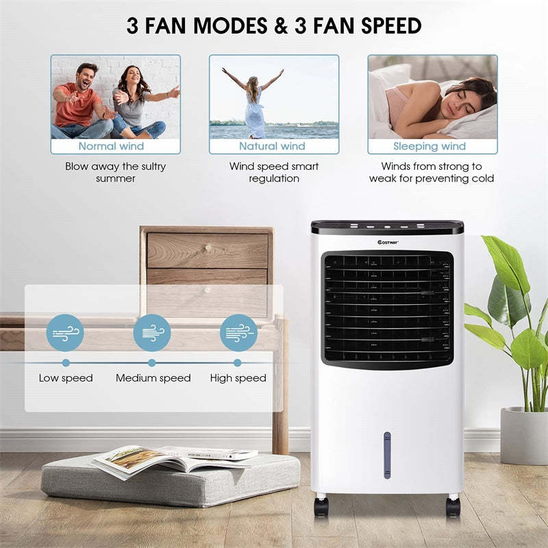 3-in-1 Portable Evaporative Cooler, Air Cooling Fan & Humidifier with Remote Control, Ice Packs, 8L Water Tank, Quiet for Home, Office, Bedroom